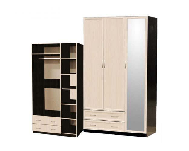 Шкаф для платья и белья 3-х дверный с профилем МДФ с 1 большим зеркалом Венге/Дуб выбеленный Шкаф для платья и белья 3-х дверный с профилем МДФ с 1 большим зеркалом Венге/Дуб выбеленный