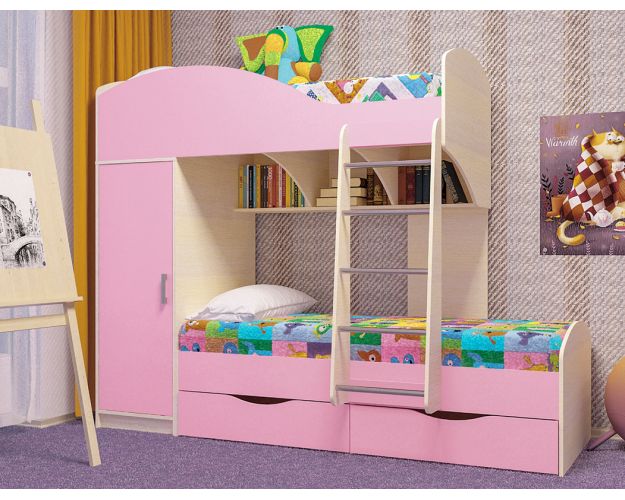 Кровать детская Жемчужина двухместная 1.8 Дуб молочный/Розовый Кровать детская Жемчужина двухместная 1.8 Дуб молочный/Розовый