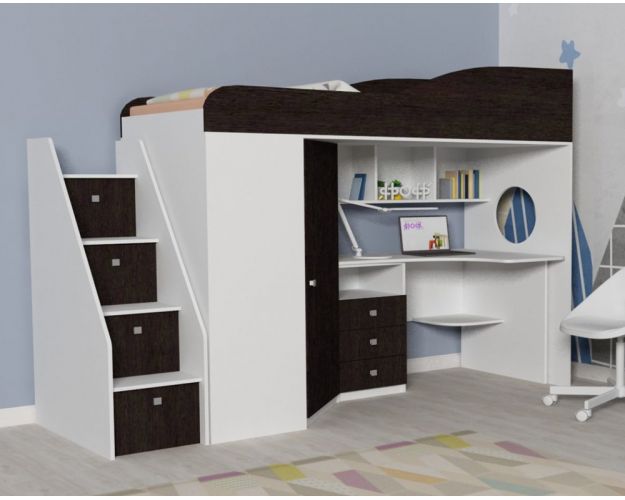 Кровать-чердак Кадет-1 с универсальной лестницей Белое дерево/Венге Кровать-чердак Кадет-1 с универсальной лестницей Белое дерево/Венге