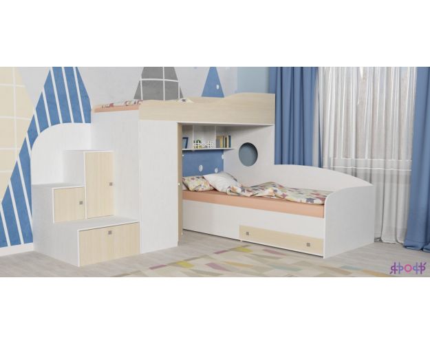 Кровать-чердак Кадет-2 угловая Белое дерево/Дуб молочный Кровать-чердак Кадет-2 угловая Белое дерево/Дуб молочный