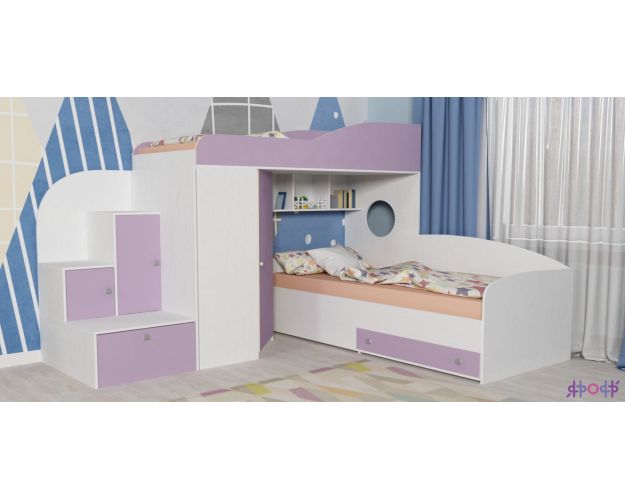 Кровать-чердак Кадет-2 угловая Белое дерево/Ирис Кровать-чердак Кадет-2 угловая Белое дерево/Ирис