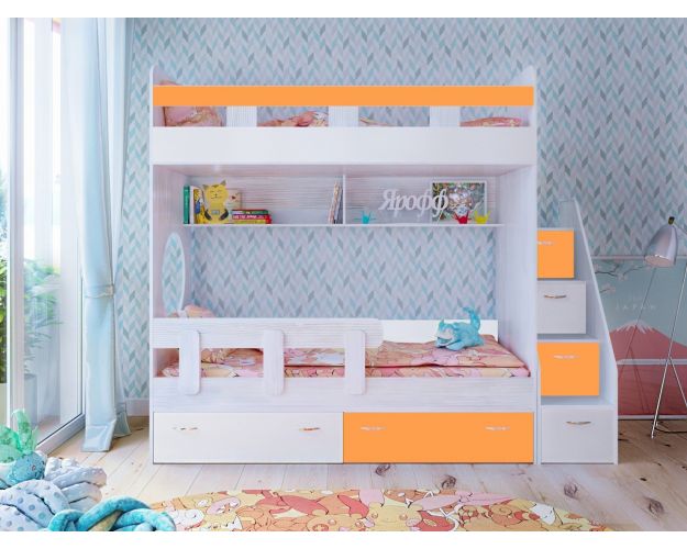 Кровать двухъярусная Юниор-1  с бортиком Винтерберг/Белый/Оранжевый Кровать двухъярусная Юниор-1  с бортиком Винтерберг/Белый/Оранжевый