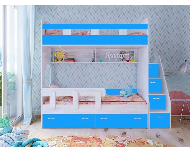 Кровать двухъярусная Юниор-1  с бортиком Винтерберг/Голубой Кровать двухъярусная Юниор-1  с бортиком Винтерберг/Голубой