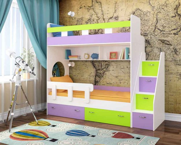 Кровать двухъярусная Юниор-1  с бортиком Белое дерево/Лайм/Ирис Кровать двухъярусная Юниор-1  с бортиком Белое дерево/Лайм/Ирис