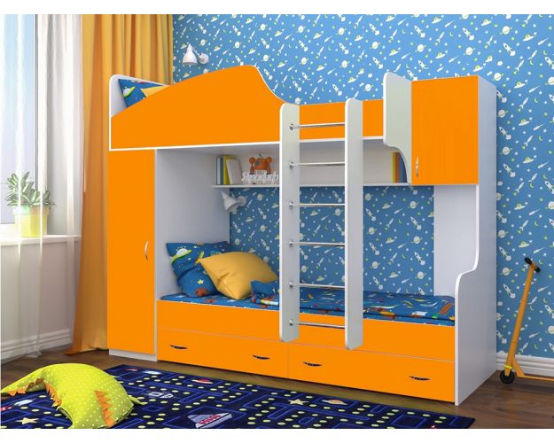 Кровать двухъярусная Юниор-2 Белое дерево/Оранжевый Кровать двухъярусная Юниор-2 Белое дерево/Оранжевый