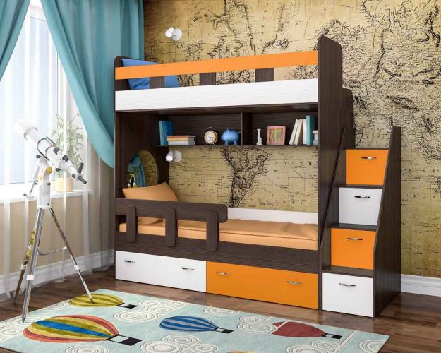 Кровать двухъярусная Юниор-1  с бортиком Бодего/Белый/Оранжевый Кровать двухъярусная Юниор-1  с бортиком Бодего/Белый/Оранжевый