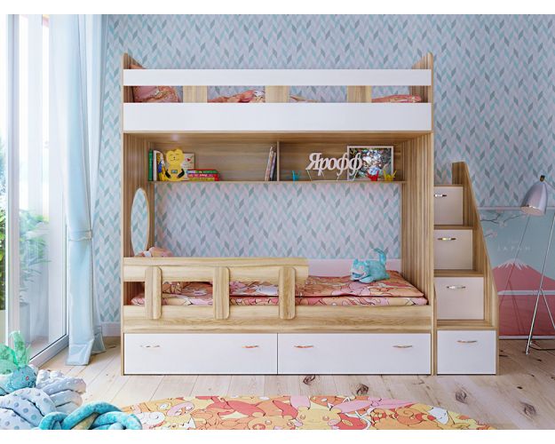 Кровать двухъярусная Юниор-1  с бортиком Ясень/Белое дерево Кровать двухъярусная Юниор-1  с бортиком Ясень/Белое дерево