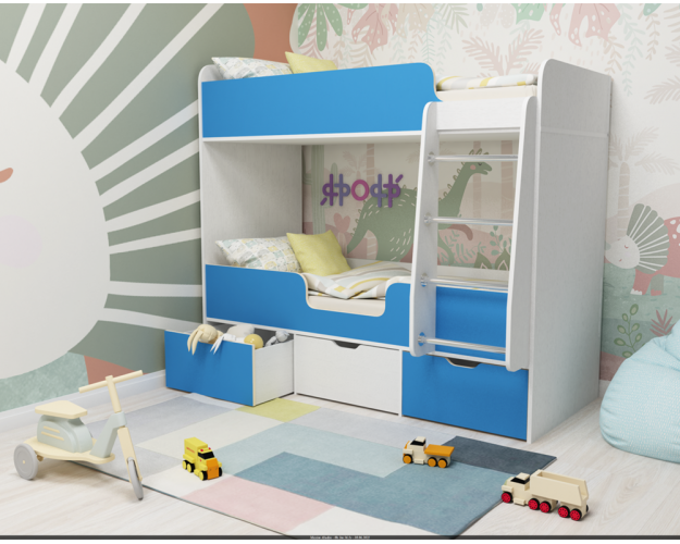 Кровать Двойняшка двухъярусная Белое дерево/Голубой Кровать Двойняшка двухъярусная Белое дерево/Голубой