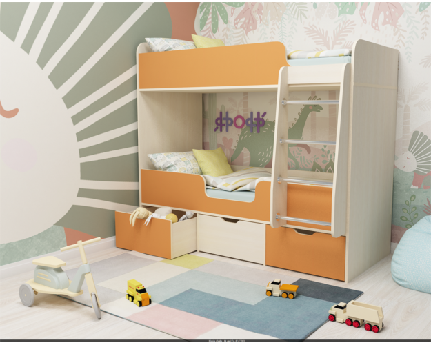 Кровать Двойняшка двухъярусная Дуб молочный/Оранжевый Кровать Двойняшка двухъярусная Дуб молочный/Оранжевый
